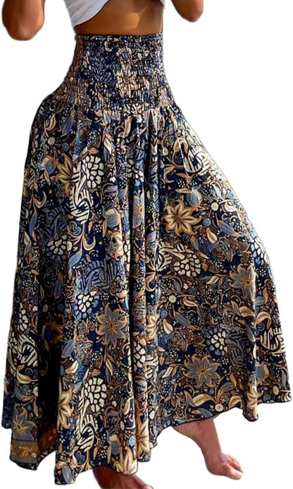 Lila Women's Pants – Smocked Waist Wide Floral Palazzo with Pockets for Summer