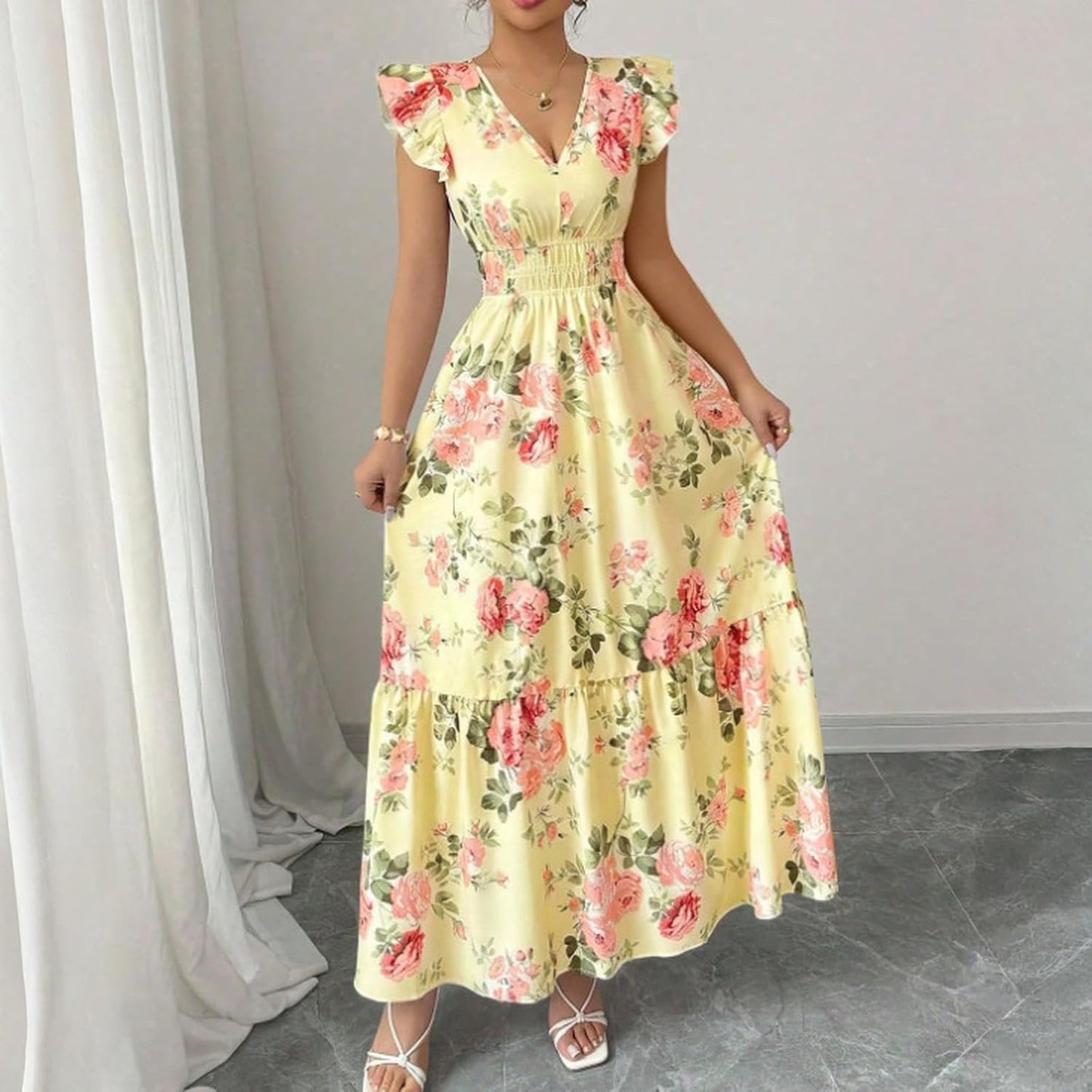 Camille Women's Dress – Maxi Floral Dress with V-Neck and Ruffled Sleeves, Smocked Waist for Summer