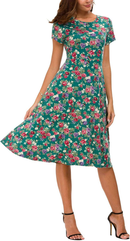 Léonie Midi Floral Dress for Women – Flared Dress with Short Sleeves and Round Neck for Summer
