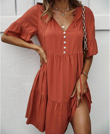 Léa Women's Dress – Mini Dress with Ruffles, V-Neck, Tied Short Sleeves, Elegant Summer