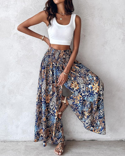 Lila Women's Pants – Smocked Waist Wide Floral Palazzo with Pockets for Summer