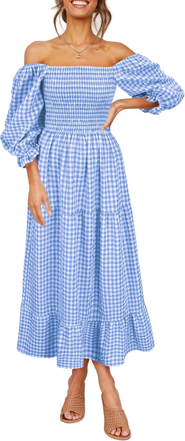 Léonie Bohemian Dress for Women – Off-Shoulder Ruffled Checkered Midi Summer Dress