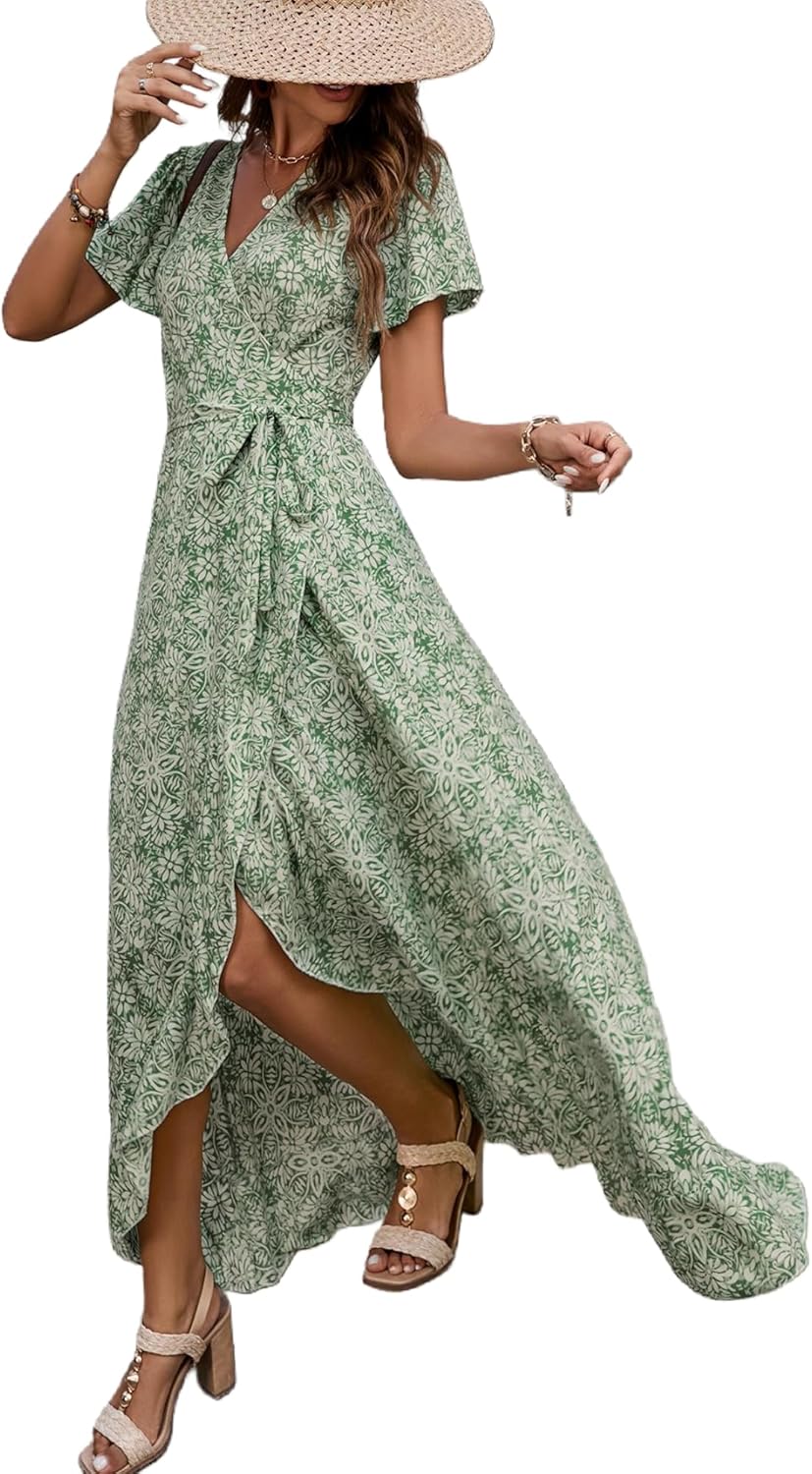 Celine Bohemian Floral Women's Dress – V-Neck Wrap, Fluid Midi, Ruffled Sleeves
