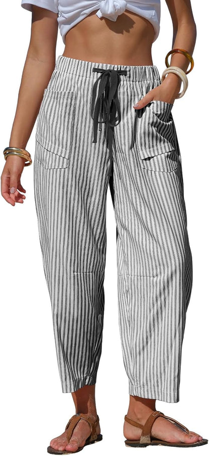 Laura Women's Striped Linen Pants – Wide Capri Cut, Elastic Waist, Lightweight Summer