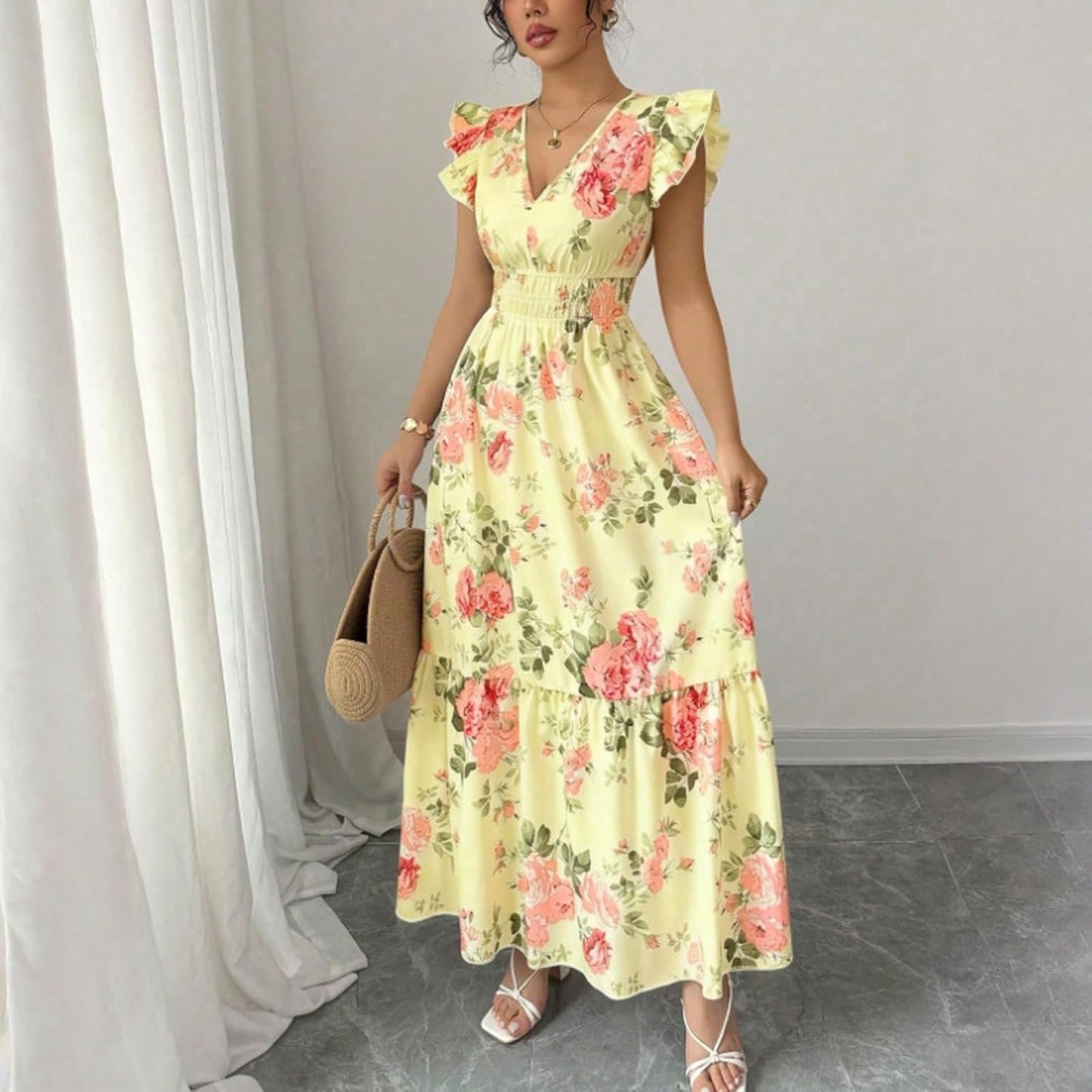 Camille Women's Dress – Maxi Floral Dress with V-Neck and Ruffled Sleeves, Smocked Waist for Summer