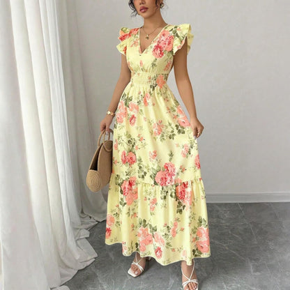 Camille Women's Dress – Maxi Floral Dress with V-Neck and Ruffled Sleeves, Smocked Waist for Summer