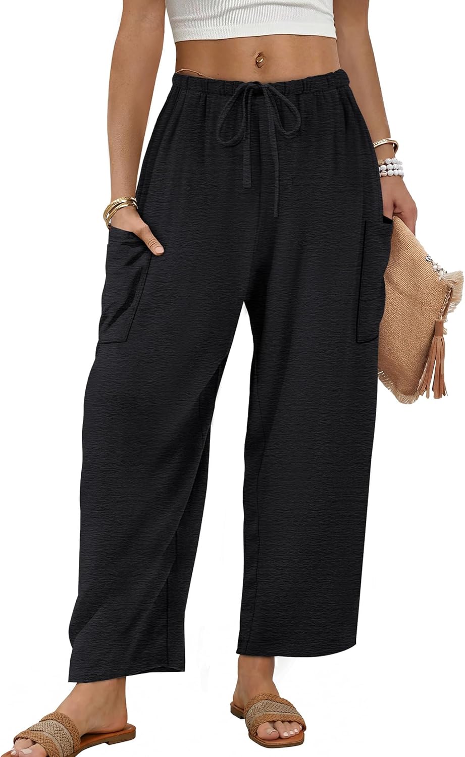 Maja Women's Pants – Wide Fluid Palazzo with Elastic Waist & Pockets for Summer