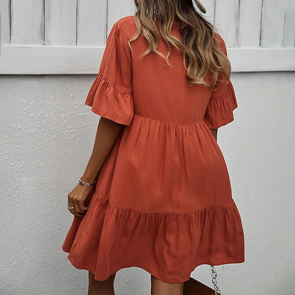 Emma Women's Dress – Elegant A-Line Dress with V-Neck and Short Ruffles for Summer