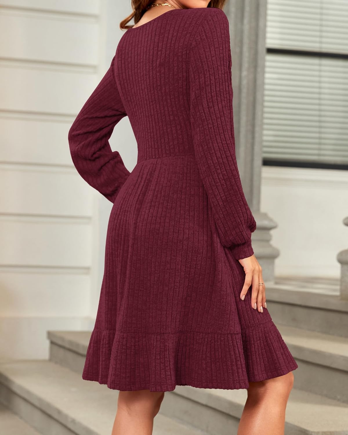Elise Women's Knit Dress – Square Neck Long Sleeve Dress for Autumn Winter