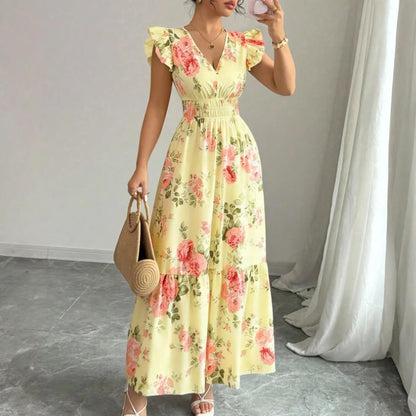 Camille Women's Dress – Maxi Floral Dress with V-Neck and Ruffled Sleeves, Smocked Waist for Summer