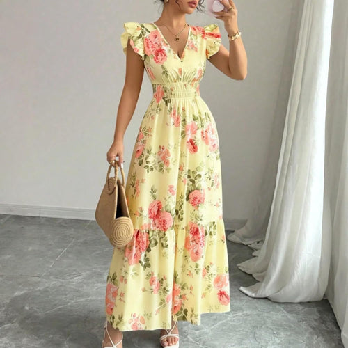 Camille Women's Dress – Maxi Floral Dress with V-Neck and Ruffled Sleeves, Smocked Waist for Summer