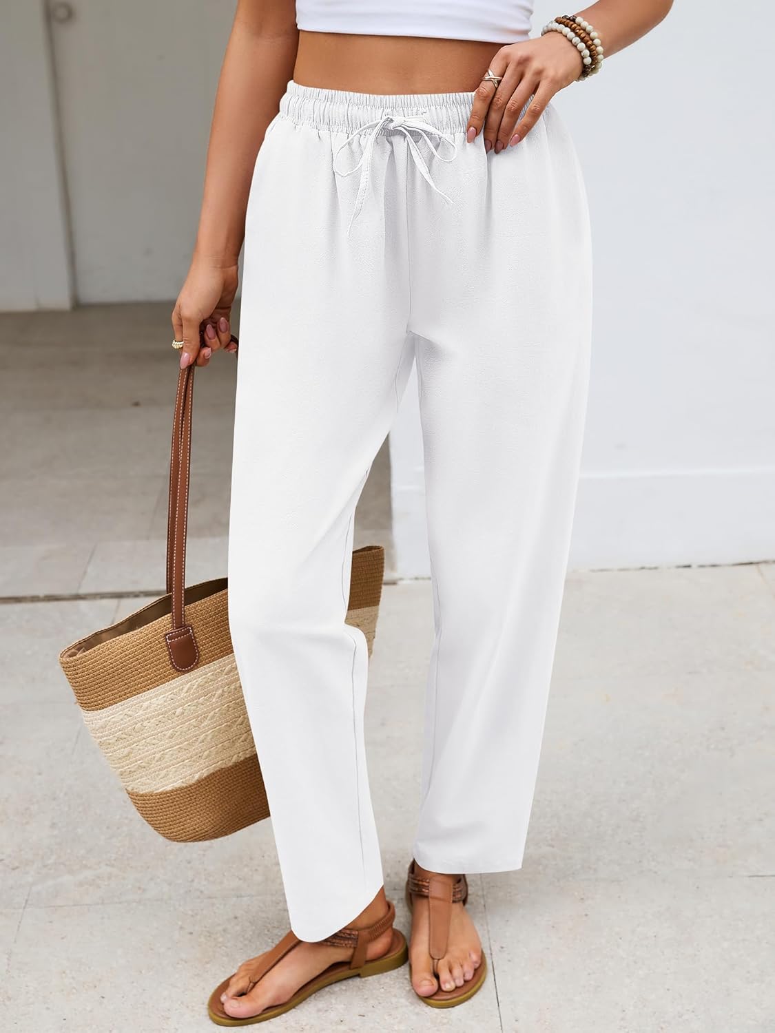 Merry Women's Linen Cotton Pants – Lightweight Capri, Elastic Waist, Casual Summer