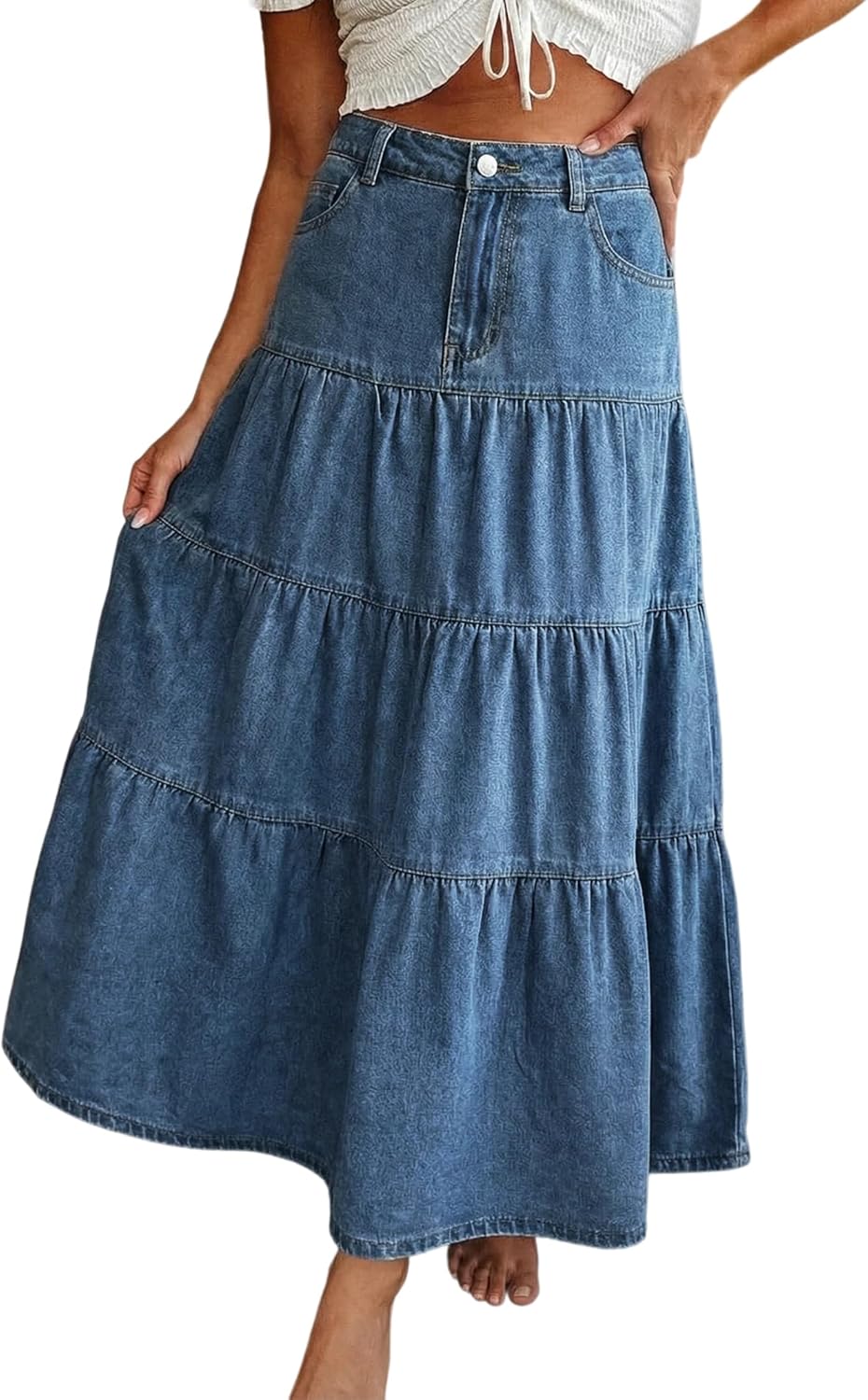 Verna Women's Denim Maxi Skirt – High Waist, Ruffles & Pockets