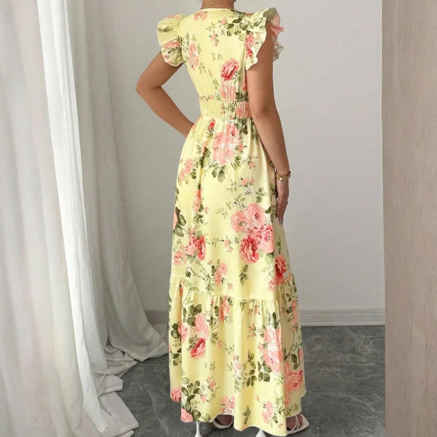 Camille Women's Dress – Maxi Floral Dress with V-Neck and Ruffled Sleeves, Smocked Waist for Summer