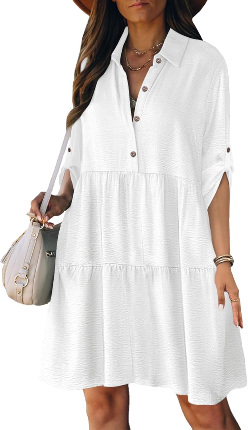 Léa Women's Shirt Dress – A-Line Buttoned Ruffle Dress with 3/4 Sleeves for Summer