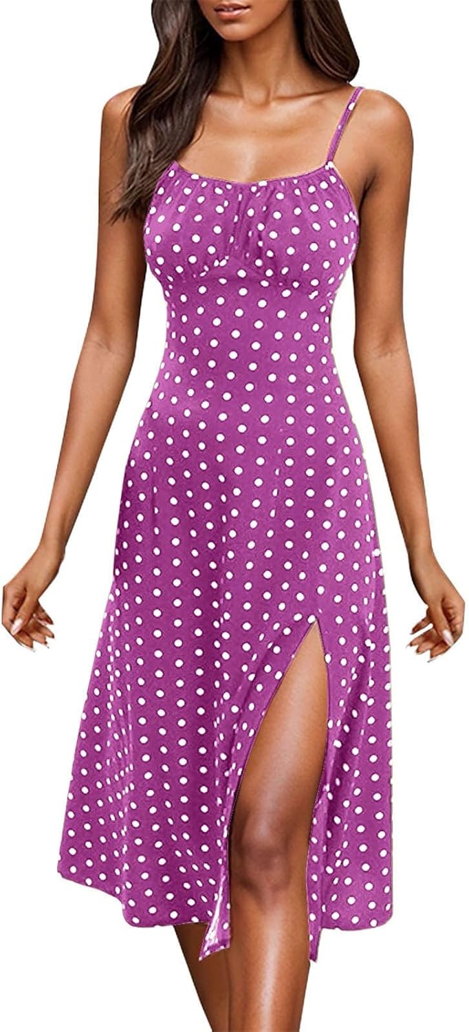 Clara Long Bohemian Polka Dot Dress – Fluid Summer Dress with Straps and Slit