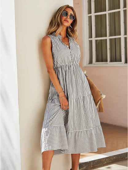 Claire Midi Shirt Dress for Women – Elegant Sleeveless Striped Buttoned V-Neck Dress