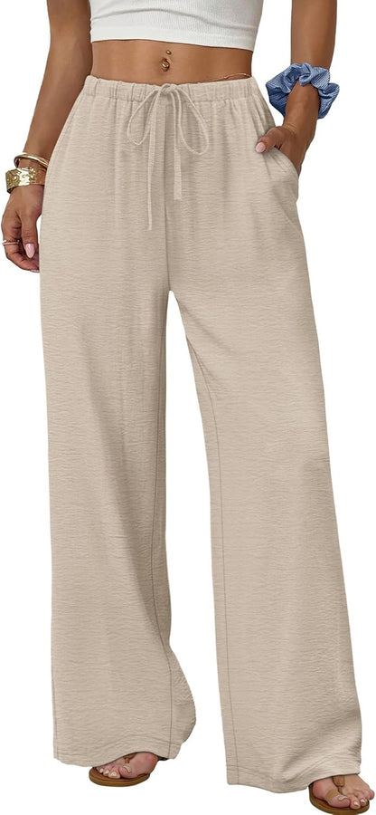 Zoe Women's Pants – Wide Leg Palazzo Pants with Elastic Waist & Pockets for Summer