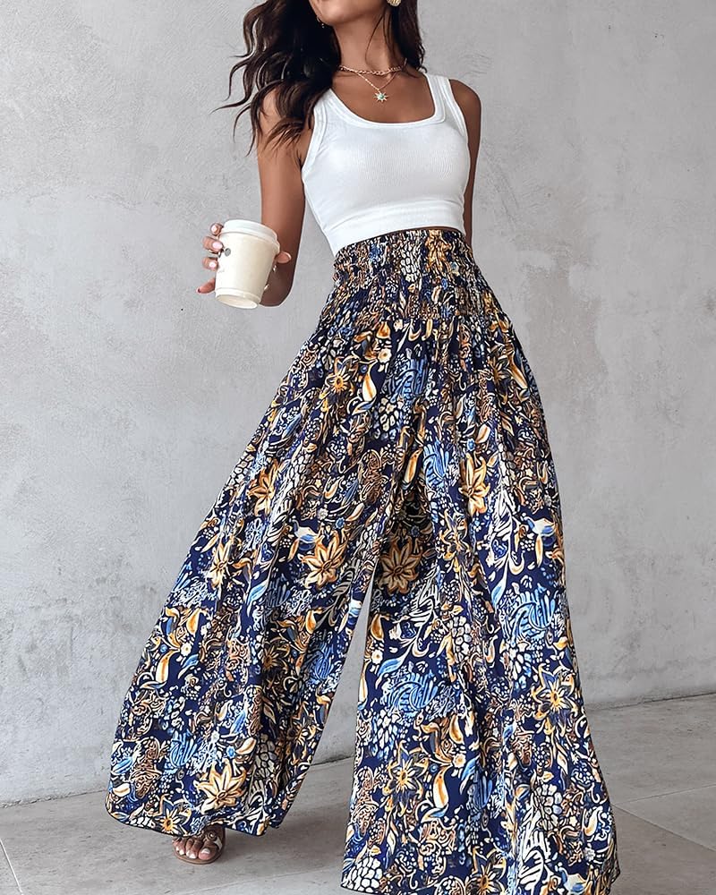 Lila Women's Pants – Smocked Waist Wide Floral Palazzo with Pockets for Summer