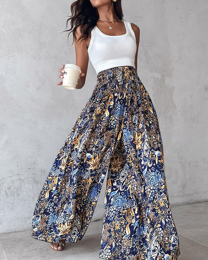 Lila Women's Pants – Smocked Waist Wide Floral Palazzo with Pockets for Summer