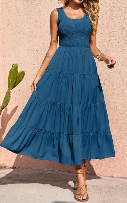 Elina Maxi Dress for Women – Sleeveless Smocked A-Line Summer Bohemian Dress