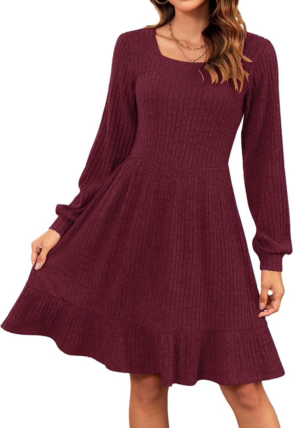 Elise Women's Knit Dress – Square Neck Long Sleeve Dress for Autumn Winter