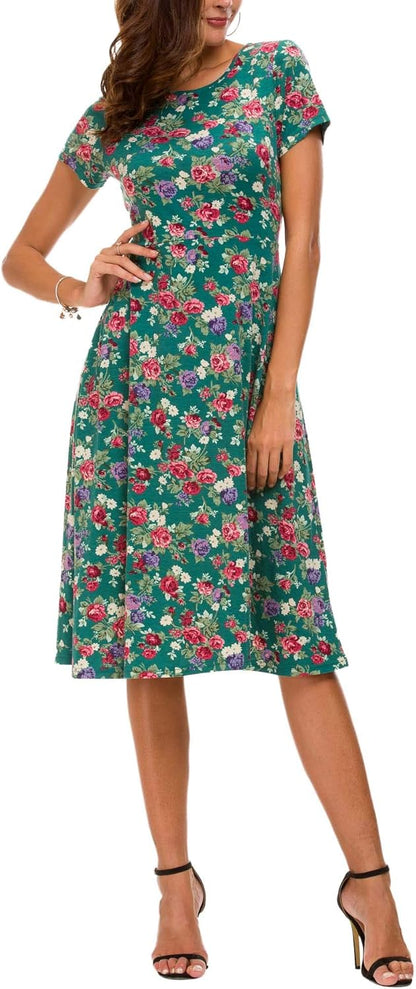 Léonie Midi Floral Dress for Women – Flared Dress with Short Sleeves and Round Neck for Summer