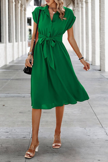 Camille Midi Dress for Women – V-Neck Buttoned Belted Dress with Pockets Summer
