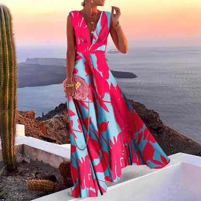 Maya Long Bohemian Dress for Women – Sleeveless Zip V-Neck Dress with Elegant Print
