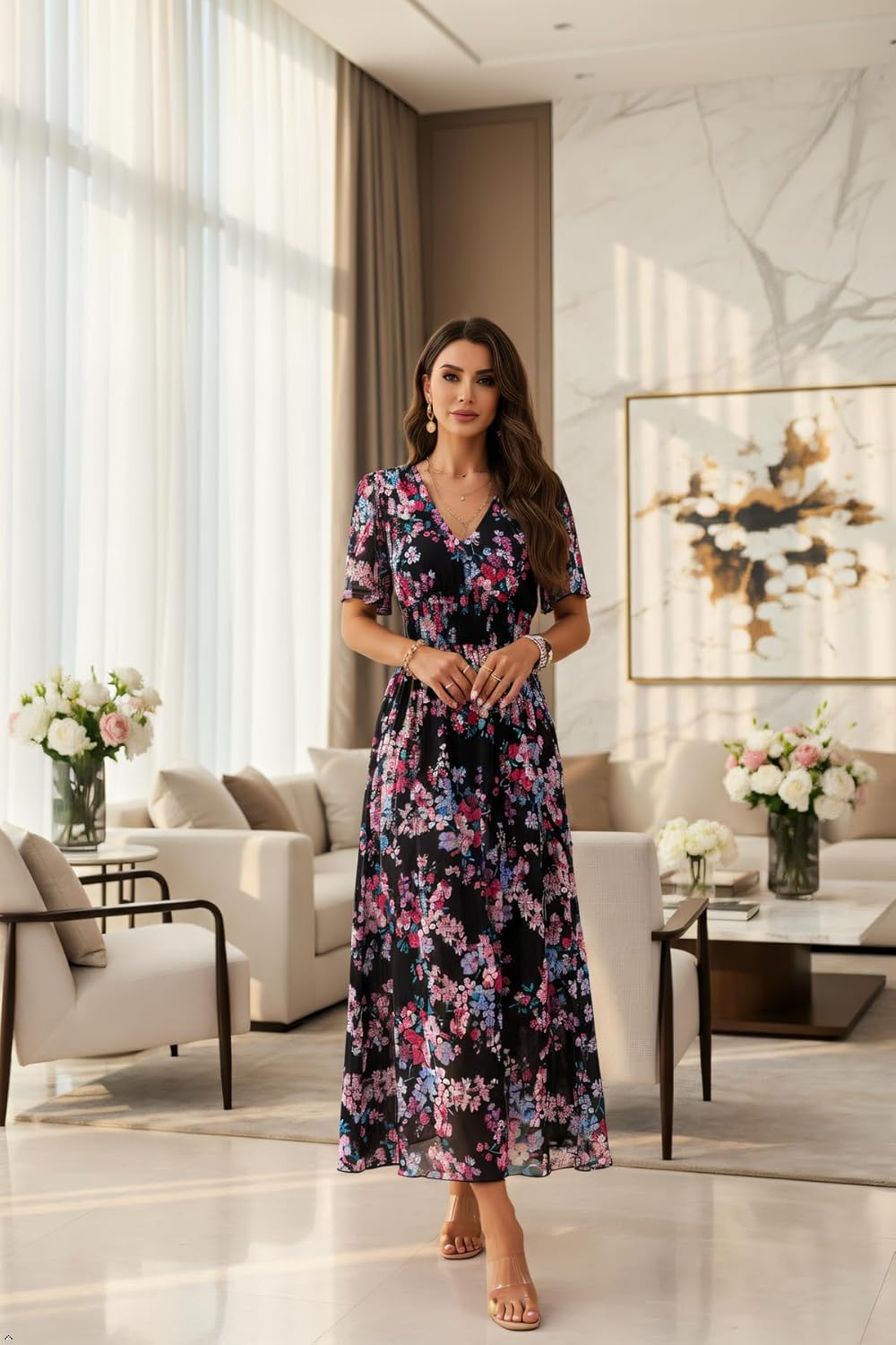 Jade Maxi Floral Dress for Women – High Waist, V-Neck, Short Sleeves Bohemian Summer