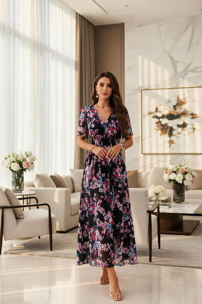 Jade Maxi Floral Dress for Women – High Waist, V-Neck, Short Sleeves Bohemian Summer