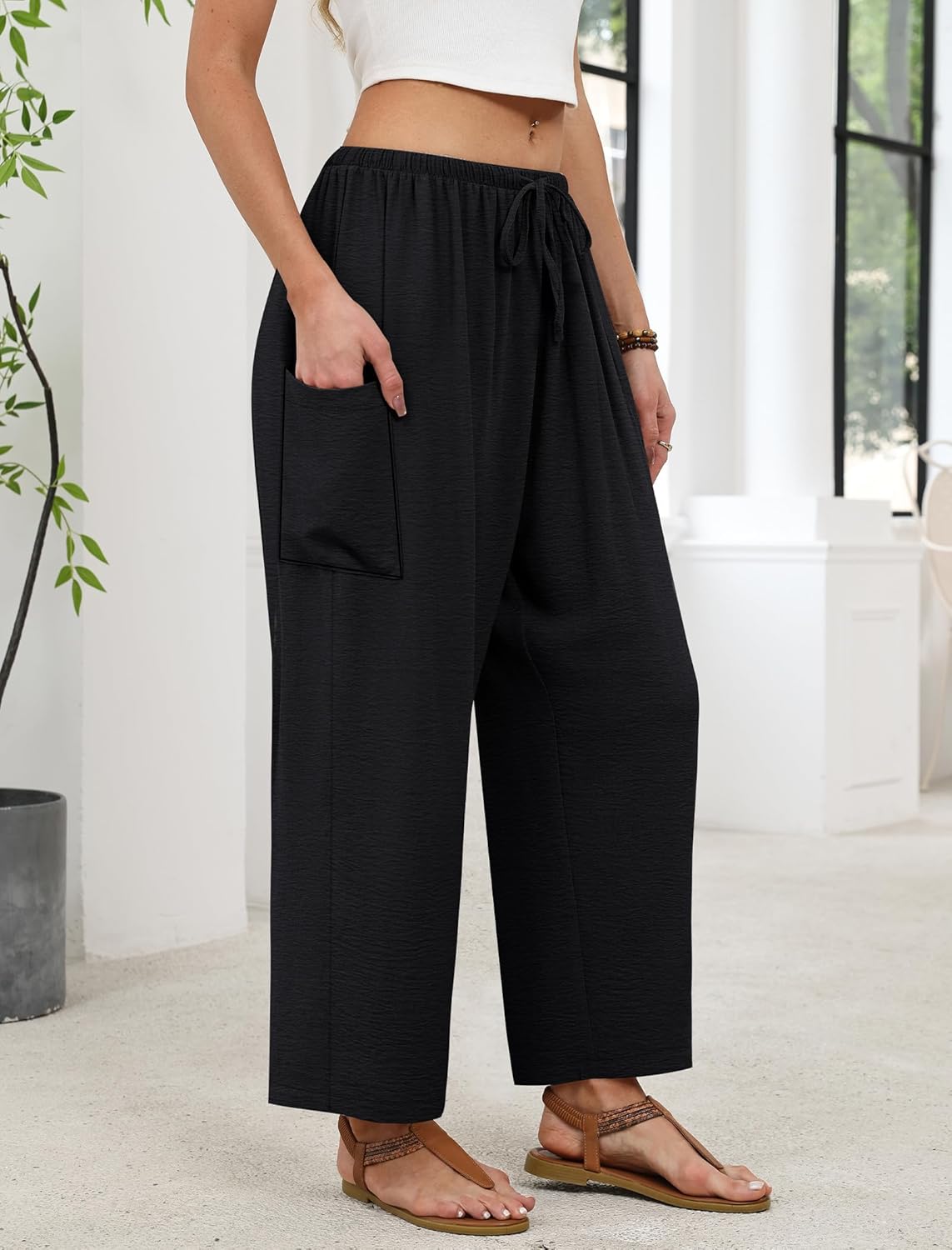 Maja Women's Pants – Wide Fluid Palazzo with Elastic Waist & Pockets for Summer