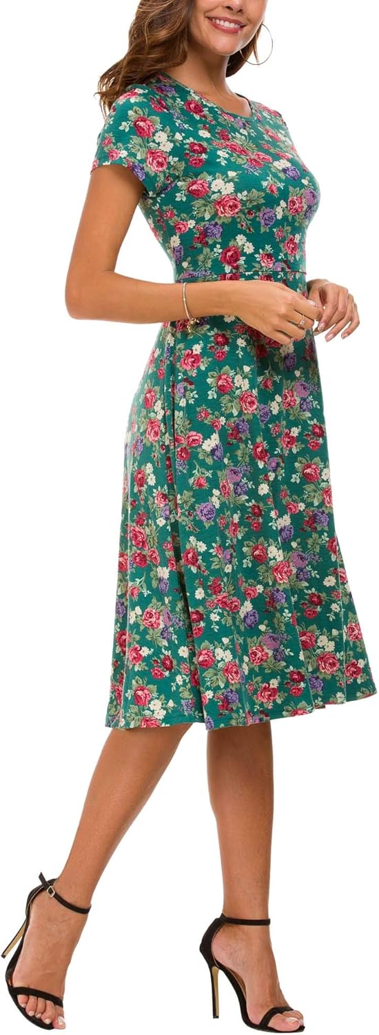 Léonie Midi Floral Dress for Women – Flared Dress with Short Sleeves and Round Neck for Summer