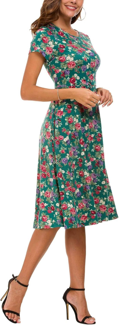 Léonie Midi Floral Dress for Women – Flared Dress with Short Sleeves and Round Neck for Summer