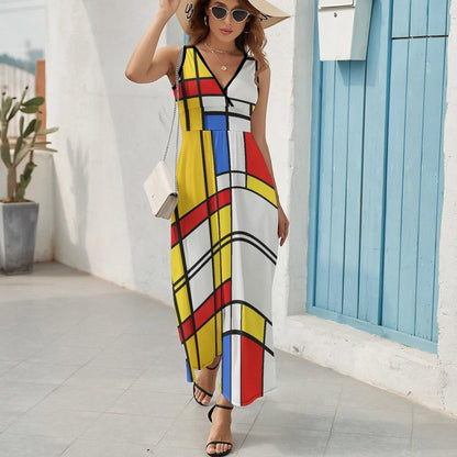 Lena Women's Dress – Maxi Dress V-Neck Sleeveless High Waist Modern Pattern Summer