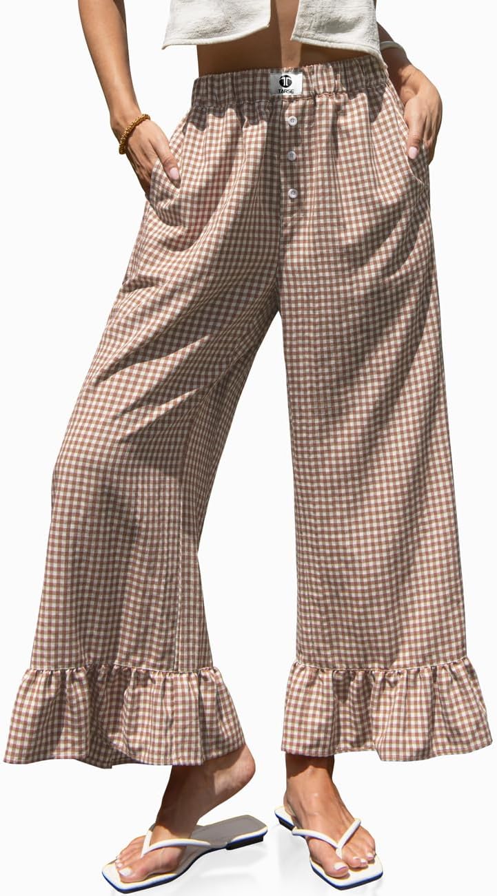 Kamil Women's Pants – Palazzo Checkered with Ruffles & Drawstring Waist