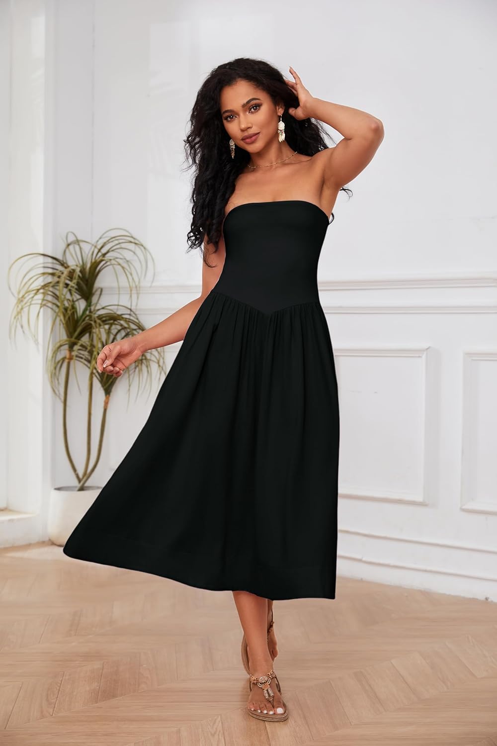 Lina Midi Dress for Women – Strapless Low Waist A-Line Summer Chic Dress
