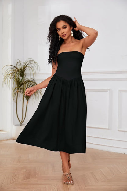 Lina Midi Dress for Women – Strapless Low Waist A-Line Summer Chic Dress