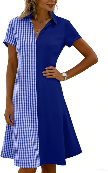 Julie Women's Dress – Checkered V-Neck Short Sleeve Flowing Bohemian Summer Dress