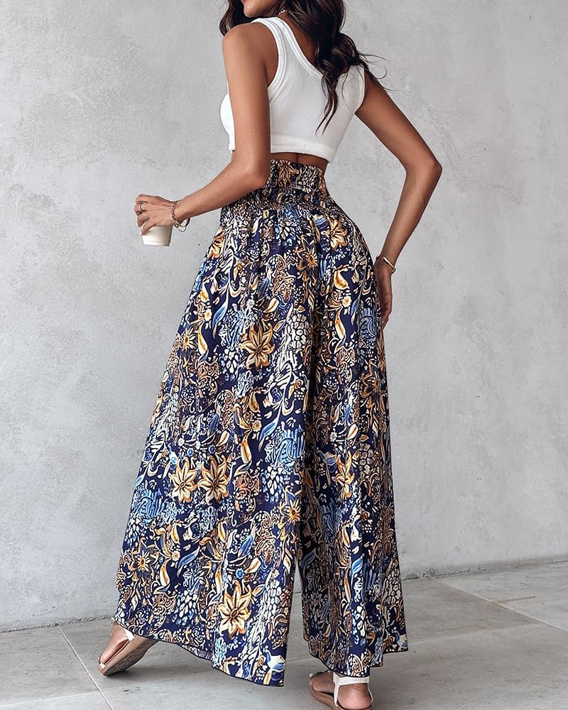 Lila Women's Pants – Smocked Waist Wide Floral Palazzo with Pockets for Summer