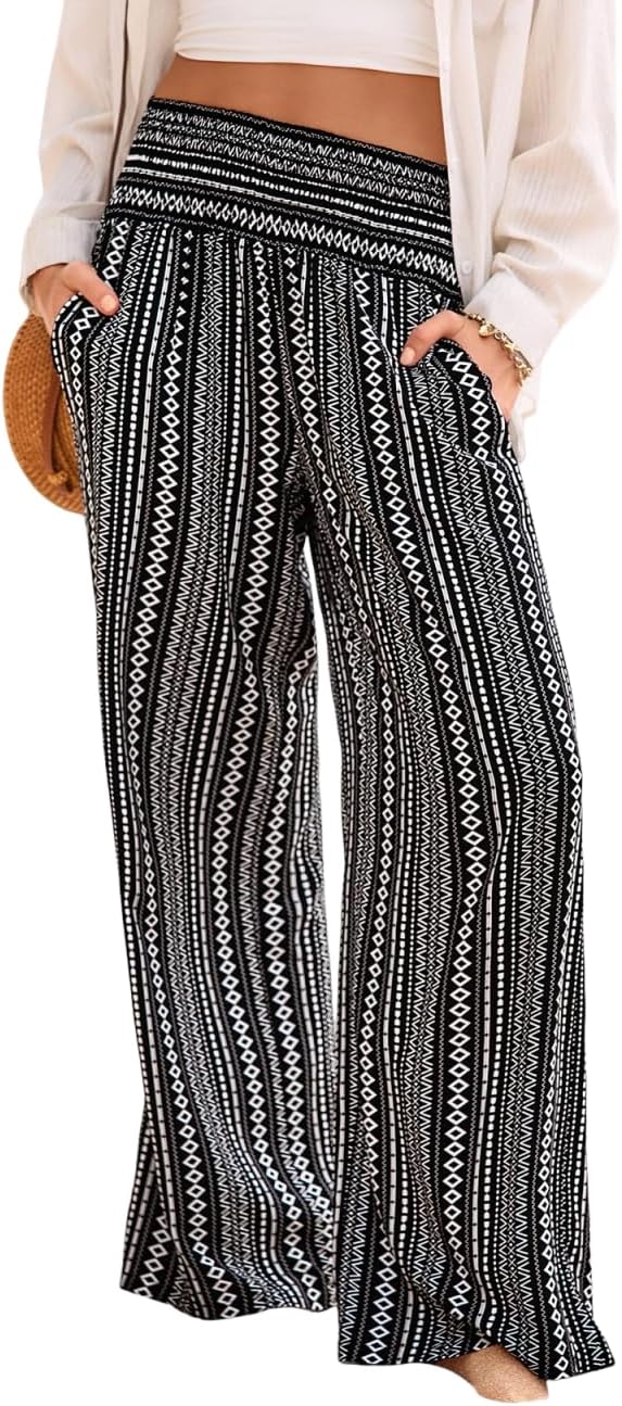 Lola Women's Pants – Floral Palazzo with Smocked Waist and Pockets for Summer