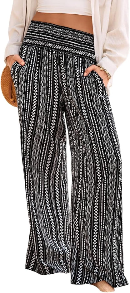 Lola Women's Pants – Floral Palazzo with Smocked Waist and Pockets for Summer