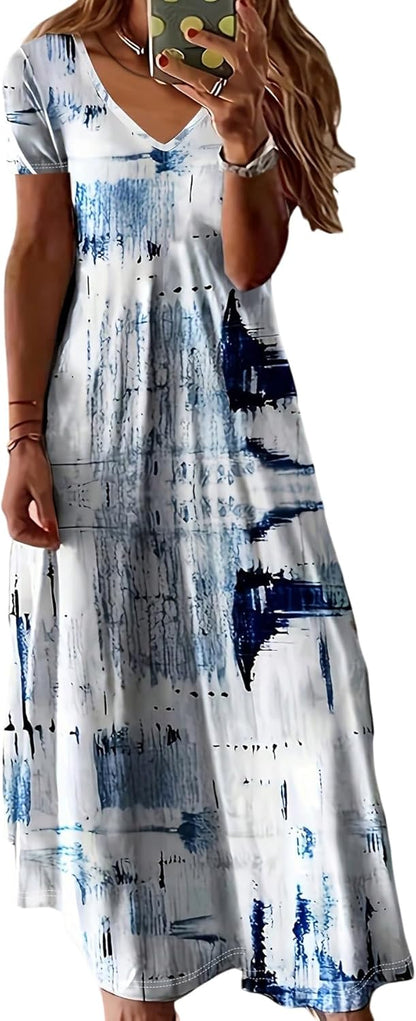 Maya Maxi Dress Plus Size – Summer V-Neck Fluid Tie-Dye Dress with Short Sleeves