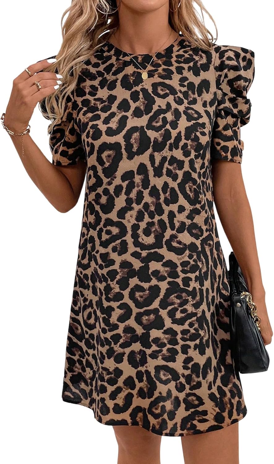 Nina Mini Dress for Women – Elegant Summer Chic Leopard Print with Puff Sleeves