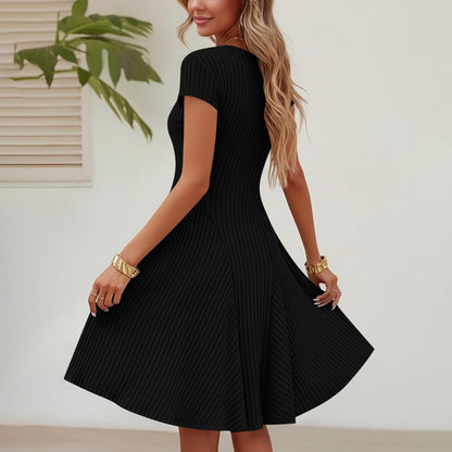 Emma Women's Dress – Elegant Midi Ribbed Knit Dress with Round Neck and Short Sleeves