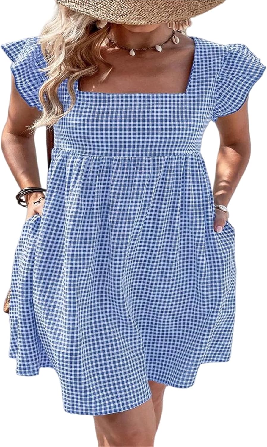 Lily Women's Dress – Midi Checkered Dress with Square Neck, Smocked Waist, Ruffles, A-Line, Summer
