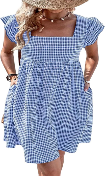 Lily Women's Dress – Midi Checkered Dress with Square Neck, Smocked Waist, Ruffles, A-Line, Summer