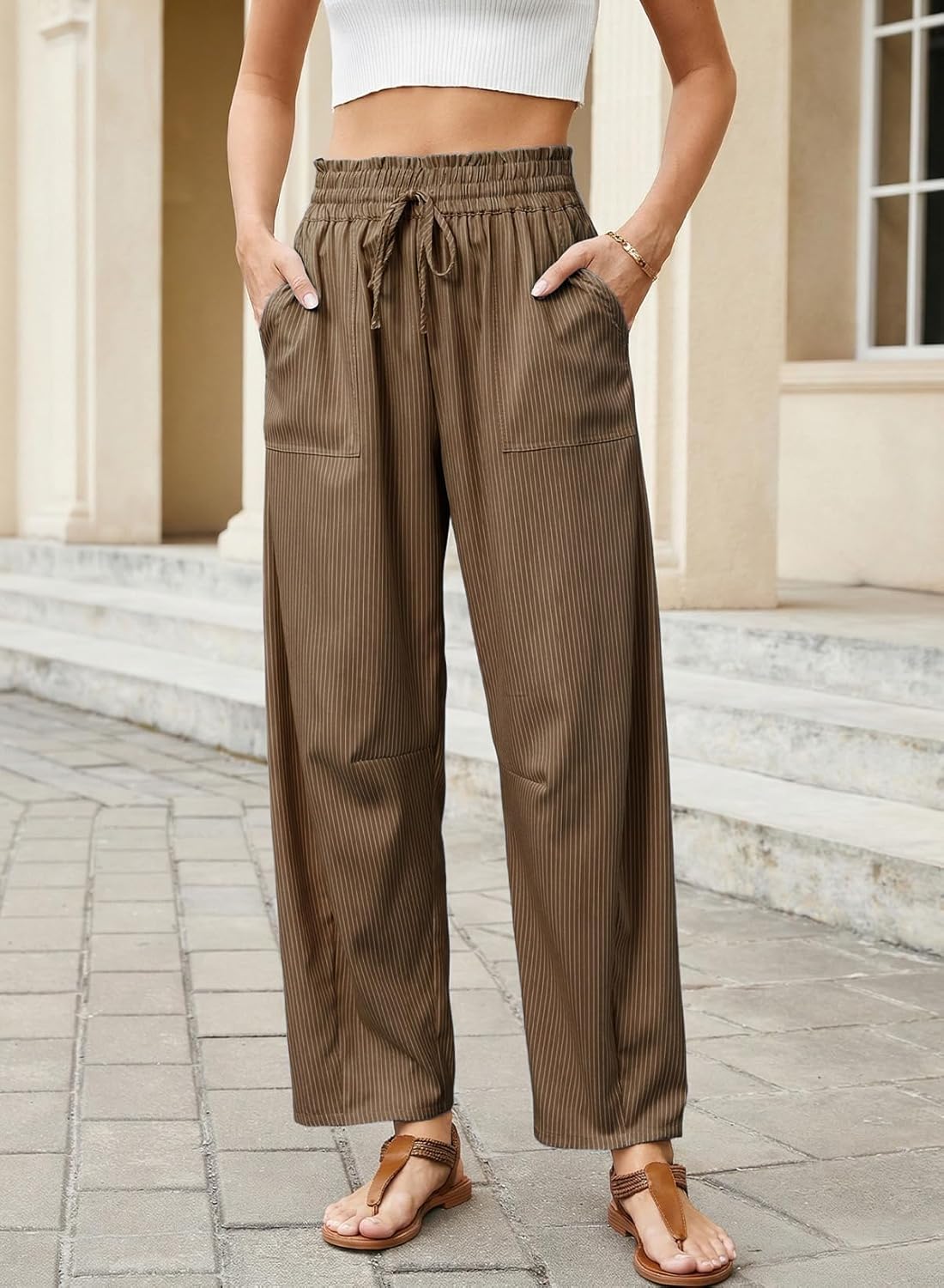 Inès Women's Pants – High-Waisted Striped Barrel Pants with Drawstring for Summer