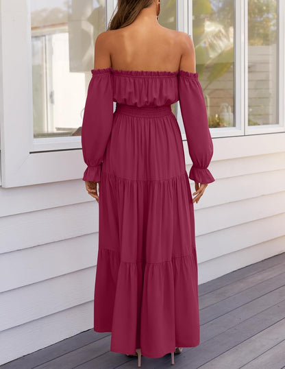 Sophie Maxi Dress for Women – Bohemian Off-Shoulder Dress with Slit and Smocked Waist