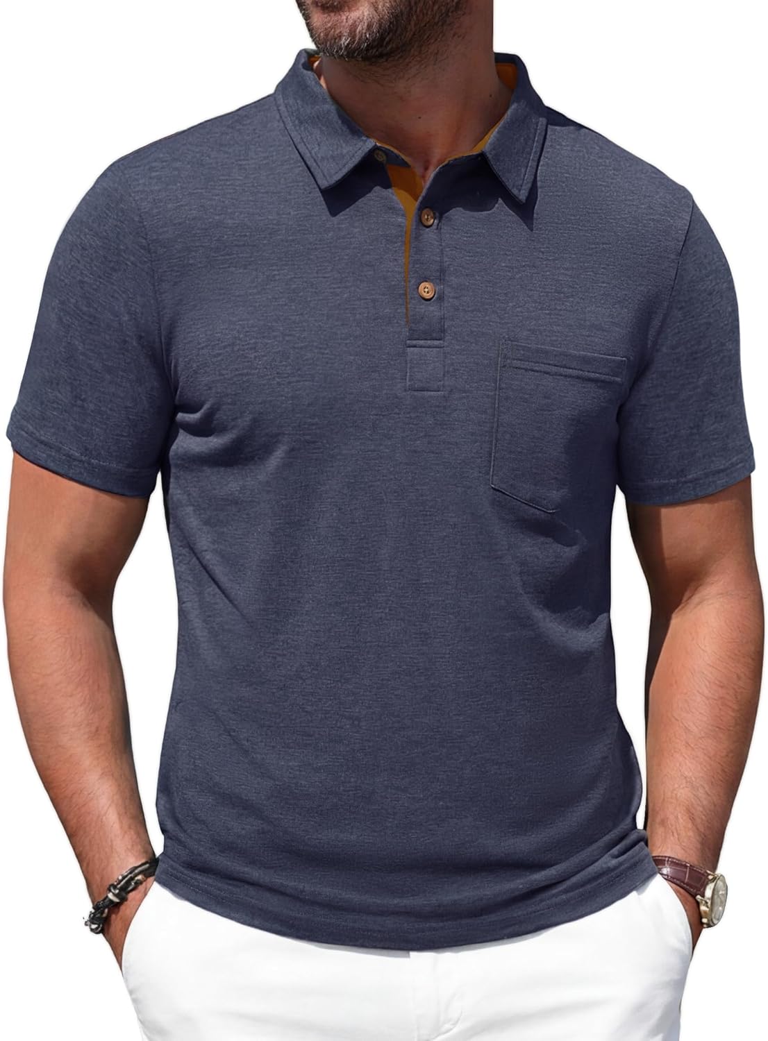 Renato Polo Men – Lightweight Cotton Polo, Contrast Collar & Casual Chic Pocket